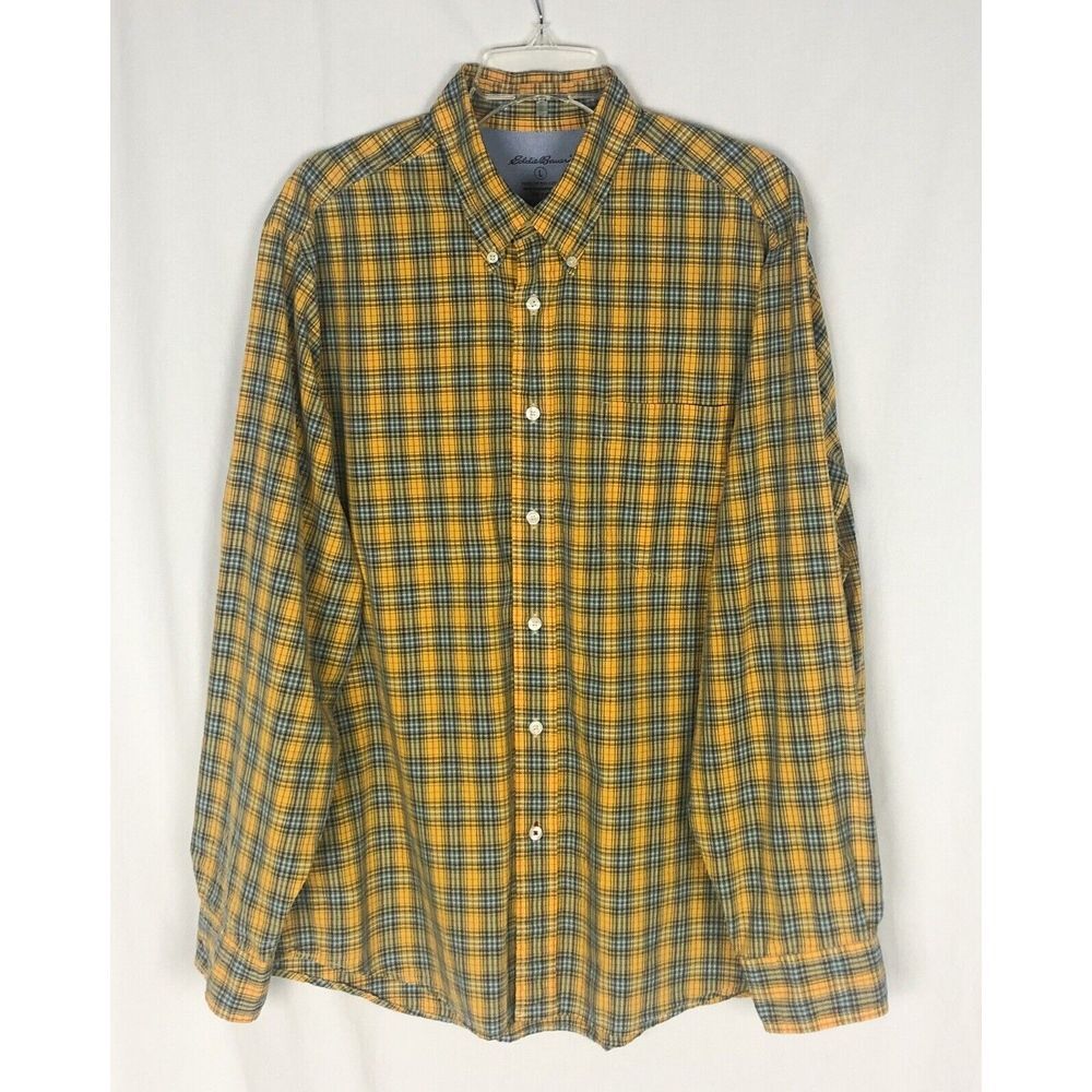 Eddie Bauer Mens Size L 2-Ply Cotton Vintage Wash Button Down Yellow Shirt.